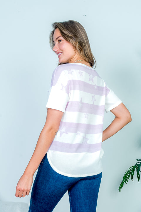 Stars & Stripes Print Drop Shoulder Short Sleeve Striped Waffle Knit Tee with V-Stitch Insert and Dolphin Hem (HT10487) - Wholesale Fashion Couture 
