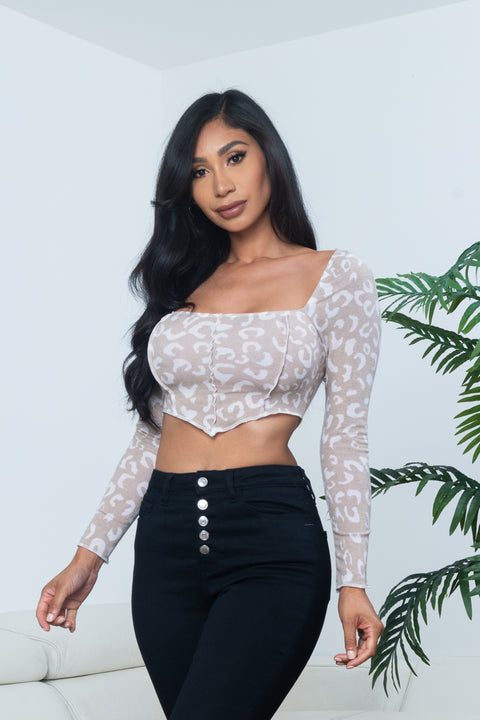 Leopard Print Long Sleeve Square Neck Asymmetrical Front Top (BT10097-1) - Wholesale Fashion Couture 