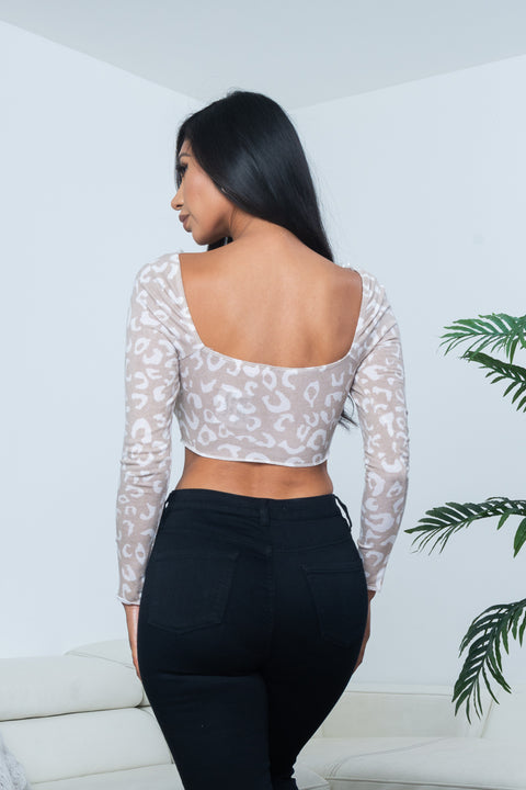 Leopard Print Long Sleeve Square Neck Asymmetrical Front Top (BT10097-1) - Wholesale Fashion Couture 