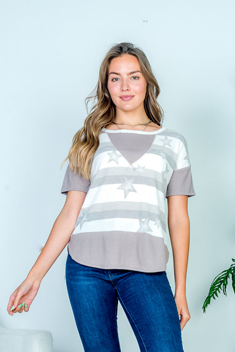 Stars & Stripes Print Drop Shoulder Short Sleeve Striped Waffle Knit Tee with V-Stitch Insert and Dolphin Hem (HT10487) - Wholesale Fashion Couture 