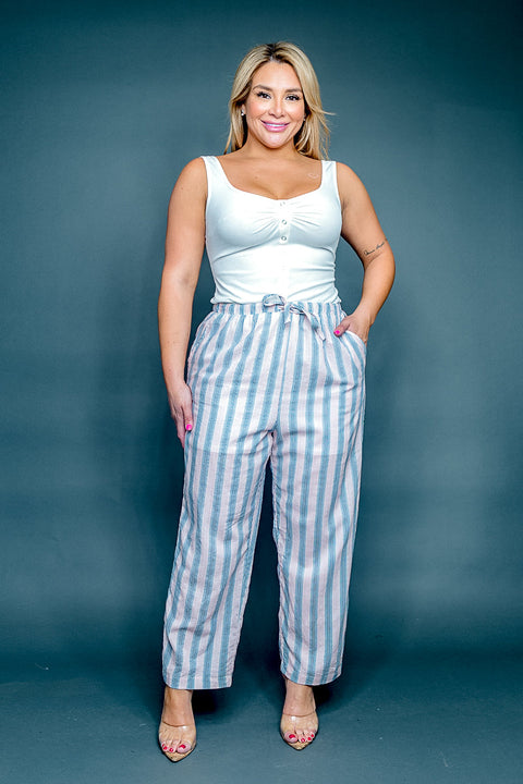 Plus Size Multi Color Striped Wide Leg Palazzo Pants with Drawstring Waist, Slant Pockets and Lining (FL19G204-P) - Wholesale Fashion Couture 