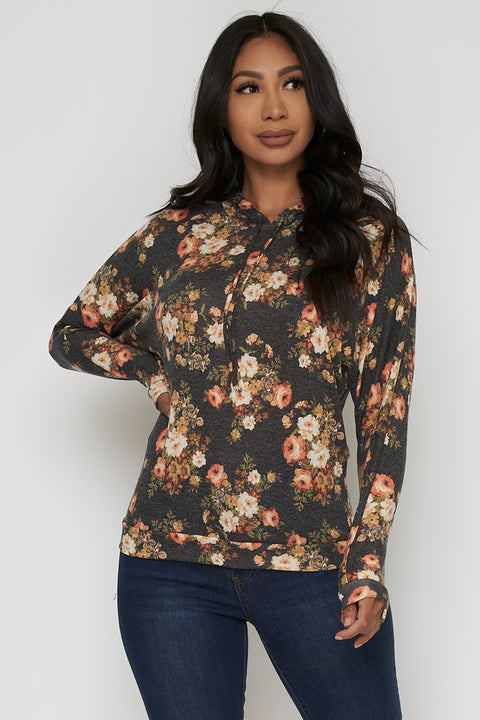 Soft Knit Floral Hoodie with Long Sleeves and Drawstrings* (LST6023) - Wholesale Fashion Couture 
