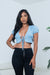 Chambray Denim Short Puff Sleeve V Neck Open Tie Front Crop Top (10020TM) - Wholesale Fashion Couture 