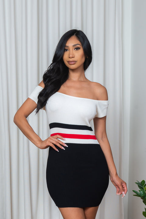 'Classic Sass' Rib Knit Off Shoulder Cap Sleeve Bodycon Mini Dress in White, Black & Red (187185) - Wholesale Fashion Couture 