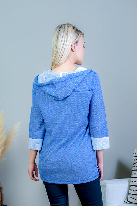 Hooded 1/4 Button Snap Pullover Sweater with Rolled Cuffs in Indigo (SK184249) - Wholesale Fashion Couture 