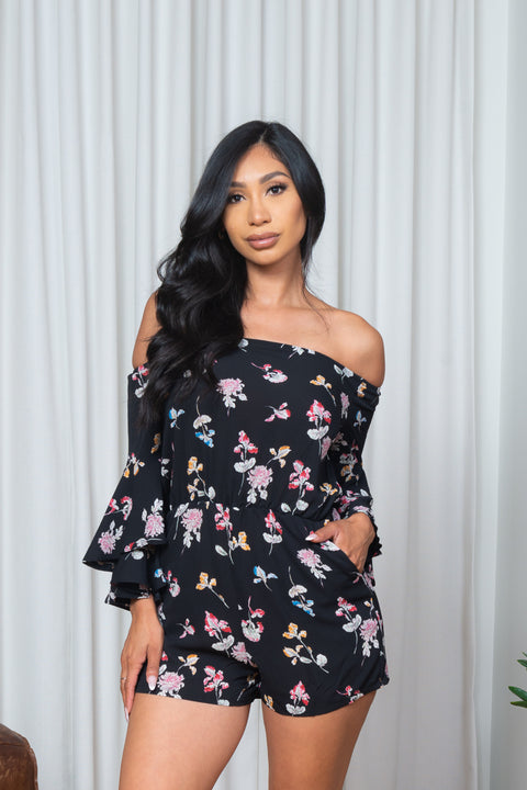 'Autumn Garden' Floral Print Off Shoulder Mini Shorts Romper with Long Tiered Bell Sleeves & Slant Pockets (171387) - Wholesale Fashion Couture 