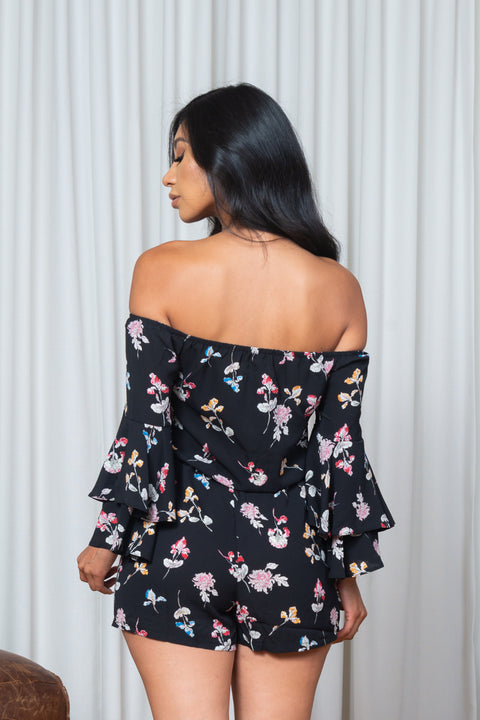'Autumn Garden' Floral Print Off Shoulder Mini Shorts Romper with Long Tiered Bell Sleeves & Slant Pockets (171387) - Wholesale Fashion Couture 