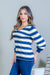 Multi Color Striped V Neck 3/4 Puff Sleeve Sweater with Criss Cross Back in Navy (HS183044) - Wholesale Fashion Couture 