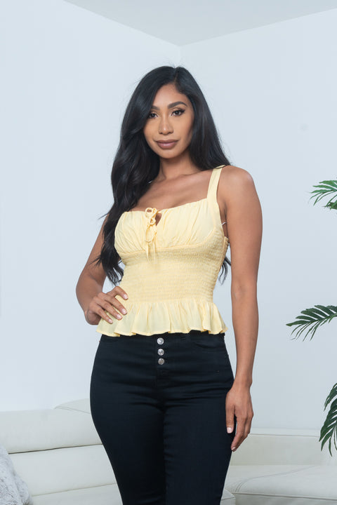 Empire Bust Adjustable Strap Smocked Waist Peplum Crop Top in Daisy Yellow (10131TY) - Wholesale Fashion Couture 