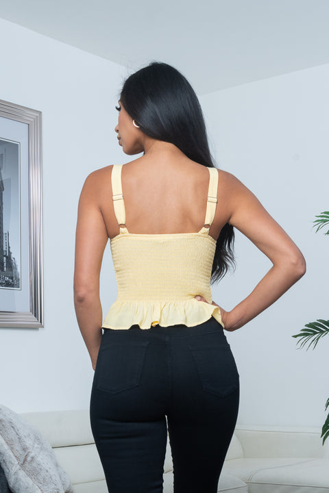 Empire Bust Adjustable Strap Smocked Waist Peplum Crop Top in Daisy Yellow (10131TY) - Wholesale Fashion Couture 