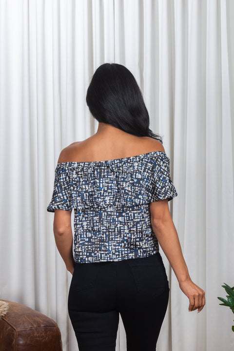 'Art Nouveau' Multi Color Satin Off Shoulder Crop Top with Ruffle Overlay (161417) - Wholesale Fashion Couture 