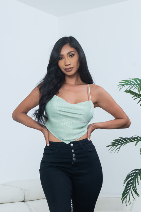 Floral Satin Spaghetti Strap Cowl Neck Triangle Crop Top in Sage (IBT06357) - Wholesale Fashion Couture 