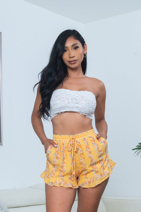 Floral Print French Dot Mini Shorts with Slant Pockets and Waist Tie in Yellow (IBP1701) - Wholesale Fashion Couture 