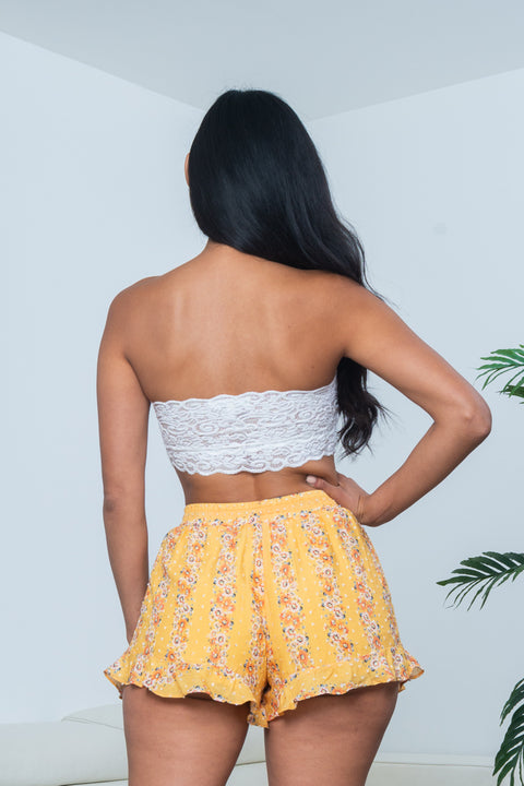 Floral Print French Dot Mini Shorts with Slant Pockets and Waist Tie in Yellow (IBP1701) - Wholesale Fashion Couture 