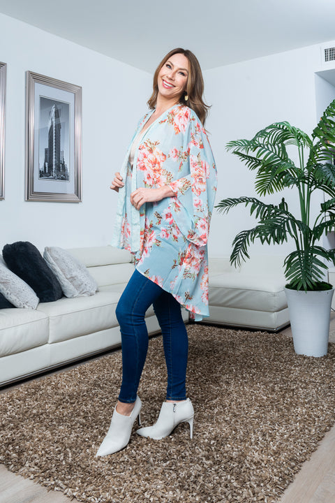 Sheer Organza Floral Print High Low Draped Shawl in Seafoam & Pink (W0424498C4232) - Wholesale Fashion Couture 