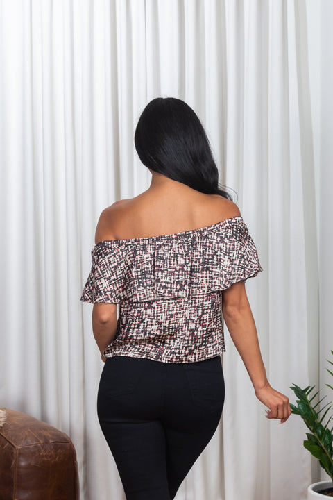 'Art Nouveau' Multi Color Satin Off Shoulder Crop Top with Ruffle Overlay (161417) - Wholesale Fashion Couture 