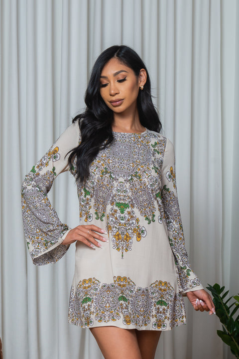 Paisley Motif Adorned Long Bell Sleeve Tunic Mini Dress with Round Keyhole Tie Back in Beige (165666) - Wholesale Fashion Couture 