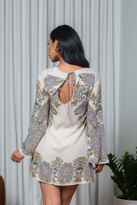Paisley Motif Adorned Long Bell Sleeve Tunic Mini Dress with Round Keyhole Tie Back in Beige (165666) - Wholesale Fashion Couture 
