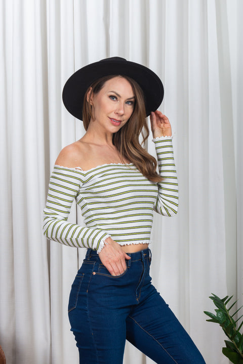Soft Knit Open Shoulder Thin Stripes Long Sleeve Crop Top (187164) - Wholesale Fashion Couture 