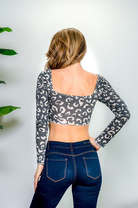 Leopard Print Long Sleeve Square Neck Asymmetrical Front Top (BT10097-1) - Wholesale Fashion Couture 