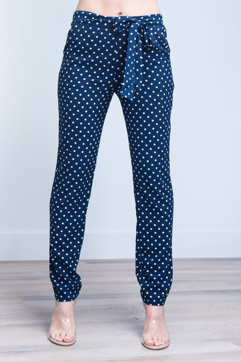 Polka Dot Slim Fit Pants with Sash Waist Tie (910606-CH803) - Wholesale Fashion Couture 