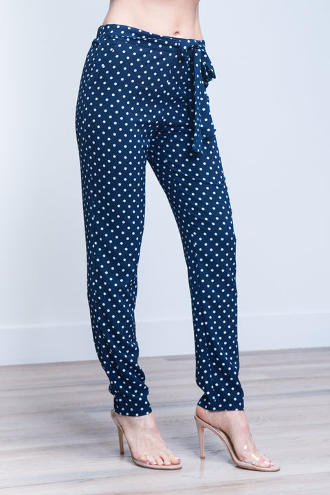 Polka Dot Slim Fit Pants with Sash Waist Tie (910606-CH803) - Wholesale Fashion Couture 