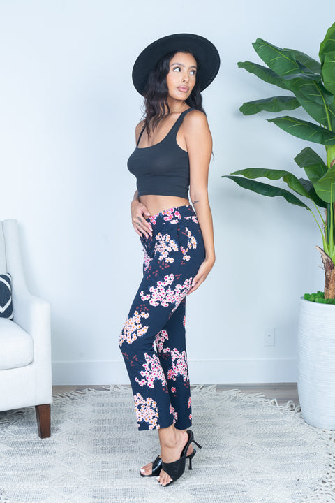 7/8 Slim Fit Trouser Pants in Navy Pink Floral Print (D2604-1819) - Wholesale Fashion Couture 