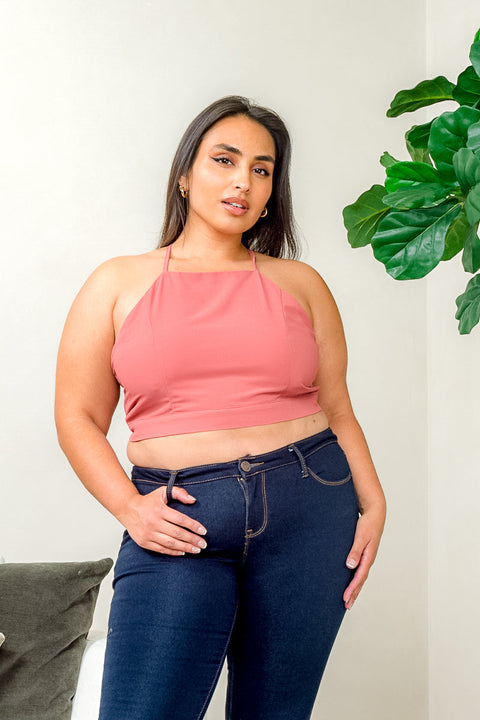Plus Size Halter Neck Crop Top with Criss Cross Open Tie Back (ZB9386) - Wholesale Fashion Couture 