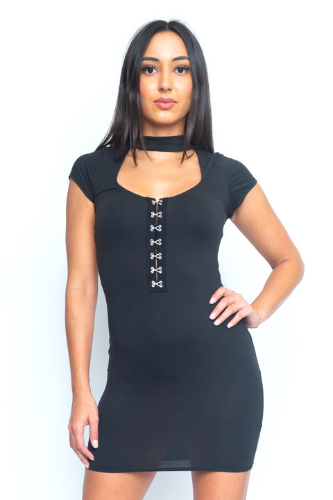 Scoop Neck Mini Dress with Mandarin Collar and Hook and Eye Front Closure (D2277) - Wholesale Fashion Couture 