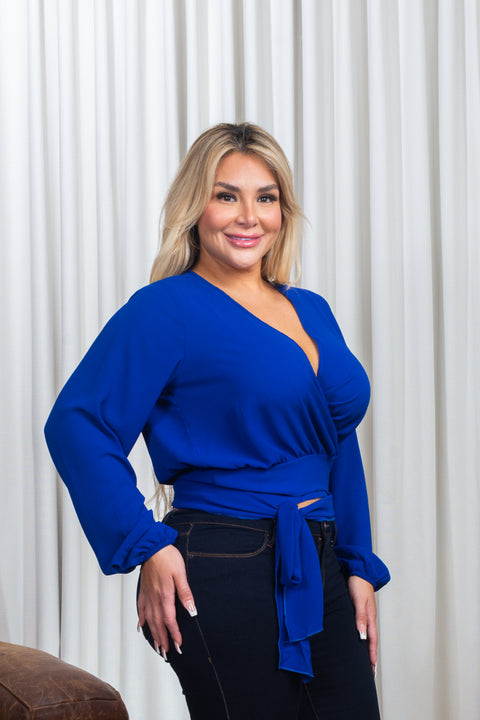 Plus Size Crepe Long Bishop Sleeve V Neck Wrap Crop Top  in Mauve (5T3936P6) - Wholesale Fashion Couture 