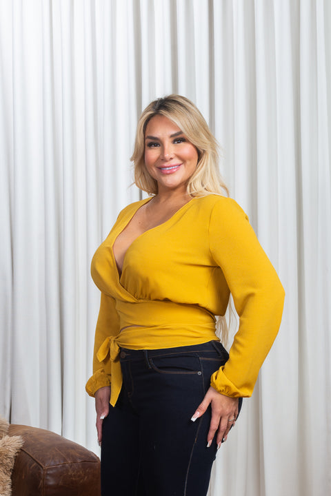 Plus Size Crepe Long Bishop Sleeve V Neck Wrap Crop Top  in Mauve (5T3936P6) - Wholesale Fashion Couture 