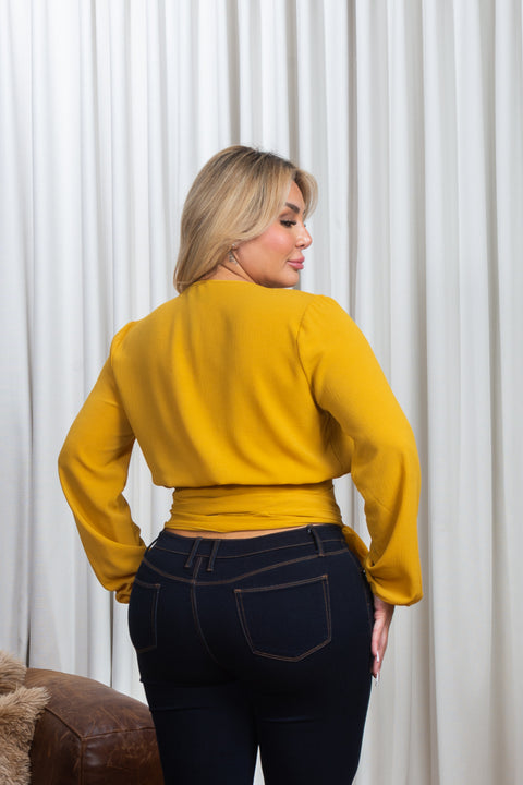 Plus Size Crepe Long Bishop Sleeve V Neck Wrap Crop Top  in Mauve (5T3936P6) - Wholesale Fashion Couture 