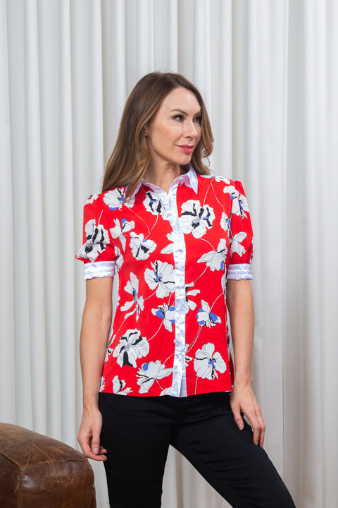 Lotus Flower Print Short Sleeve Button Down Top with White Satin Contrast in Red (SB1141) - Wholesale Fashion Couture 