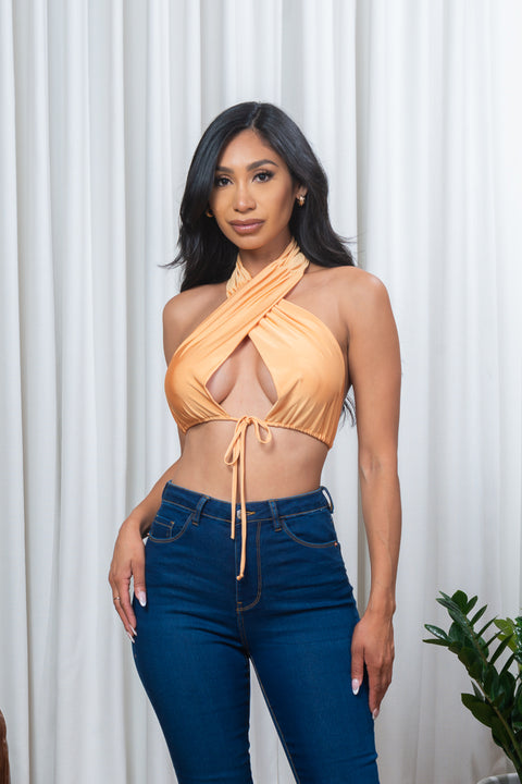 Silky Satin Surplice Halter Neck Crop Top with Criss Cross Tie Back* (BT03678) - Wholesale Fashion Couture 