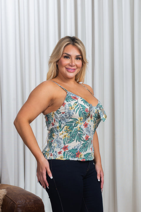 Plus Size 'Hawaiian Gardens' Floral Print Linen Spaghetti Strap Bow Tied V Neck Babydoll Tank in Beige (T8002X) - Wholesale Fashion Couture 