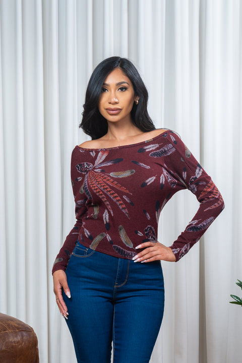 'Feathered' Print Long Sleeve Twist Front Knit V Neck Crop Top (BT6521-7) - Wholesale Fashion Couture 