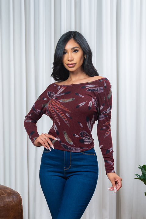 'Feathered' Print Long Sleeve Twist Front Knit V Neck Crop Top (BT6521-7) - Wholesale Fashion Couture 