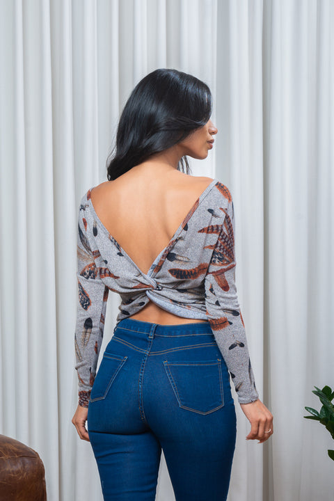 'Feathered' Print Long Sleeve Twist Front Knit V Neck Crop Top (BT6521-7) - Wholesale Fashion Couture 