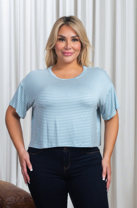 Plus Size Stripe Drop Shoulder Round Neck Crop Top in Baby Blue & White (PT16269-073) - Wholesale Fashion Couture 