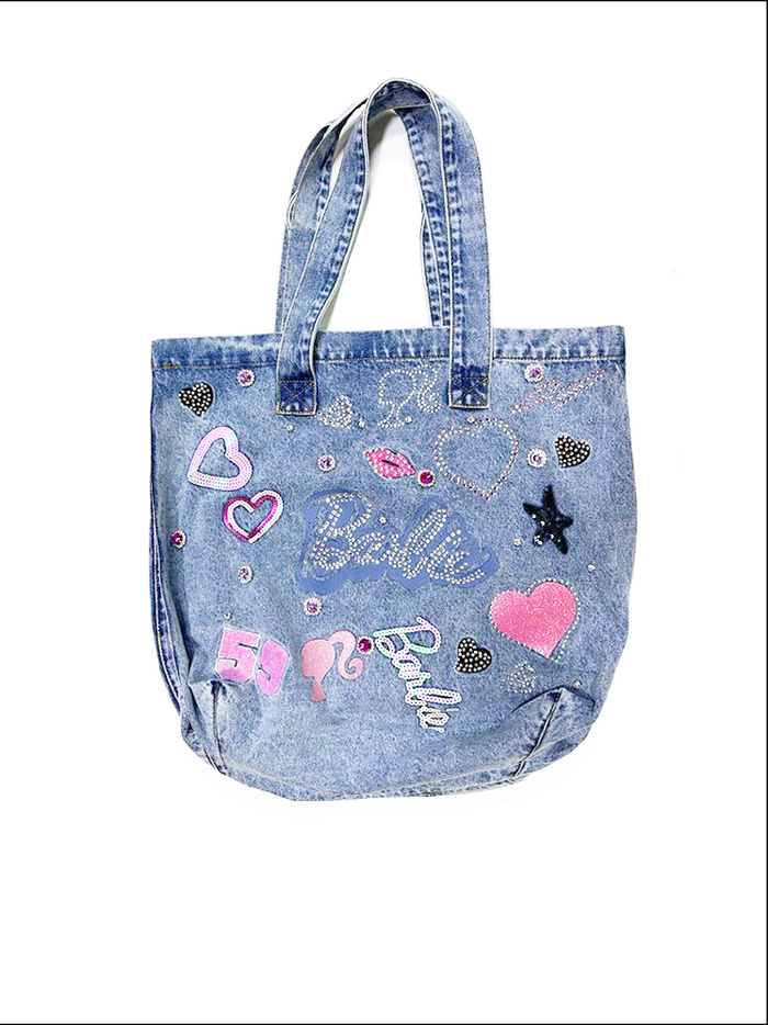 'The Barbie Bag' Sequin & Rhinestone Embroidered Denim Jean Tote Bag, Large (485782) - Wholesale Fashion Couture 