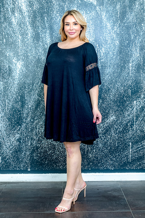 Plus Size Scoop Neck Easy Draped A-Line Dress with Lace Detail at Sleeve (D3029X) - Wholesale Fashion Couture 