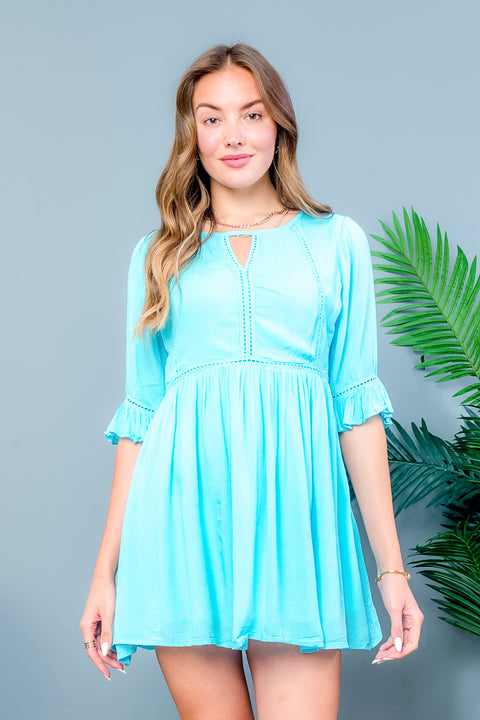 Bohemian 3/4 Ruffle Sleeve Solid Mini Dress Front Key Hole  With Linen (1070) - Wholesale Fashion Couture 