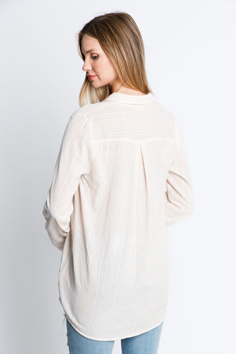 Longs Sleeve Button Down Striped Top In Cream* (15829) - Wholesale Fashion Couture 