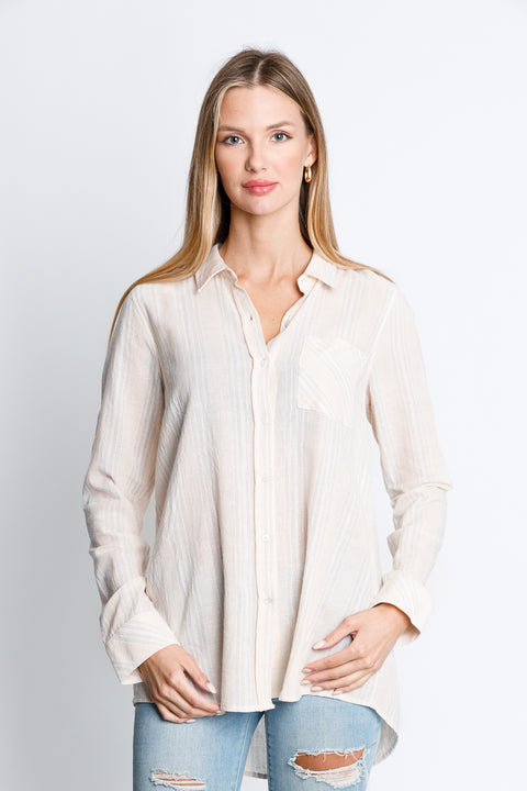 Longs Sleeve Button Down Striped Top In Cream* (15829) - Wholesale Fashion Couture 