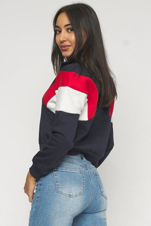 Soft Interior Color Block Half Zip Pullover Sweatshirt in Navy (2331TY) - Wholesale Fashion Couture 