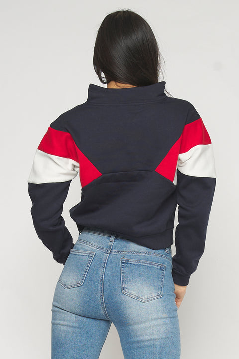 Soft Interior Color Block Half Zip Pullover Sweatshirt in Navy (2331TY) - Wholesale Fashion Couture 