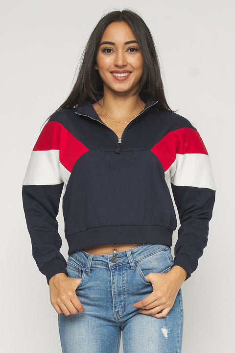 Soft Interior Color Block Half Zip Pullover Sweatshirt in Navy (2331TY) - Wholesale Fashion Couture 