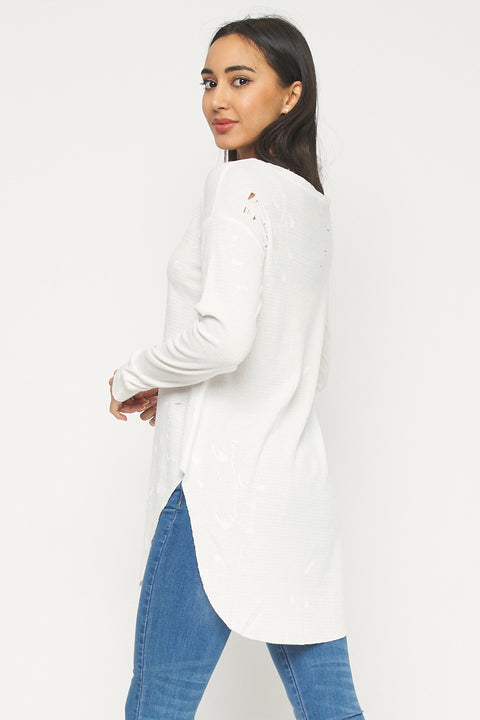 Long Sleeve Destroyed Knit Tshirt Top (FT75193T) - Wholesale Fashion Couture 