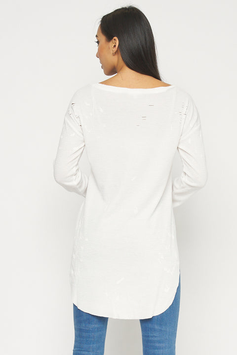 Long Sleeve Destroyed Knit Tshirt Top (FT75193T) - Wholesale Fashion Couture 