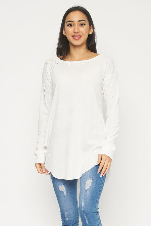 Long Sleeve Destroyed Knit Tshirt Top (FT75193T) - Wholesale Fashion Couture 